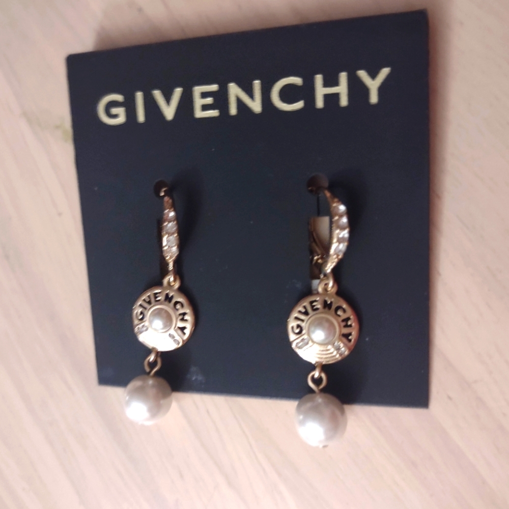 Givenchy Classic Logo Gold Charm Pearl Dangle Earrings Y2K